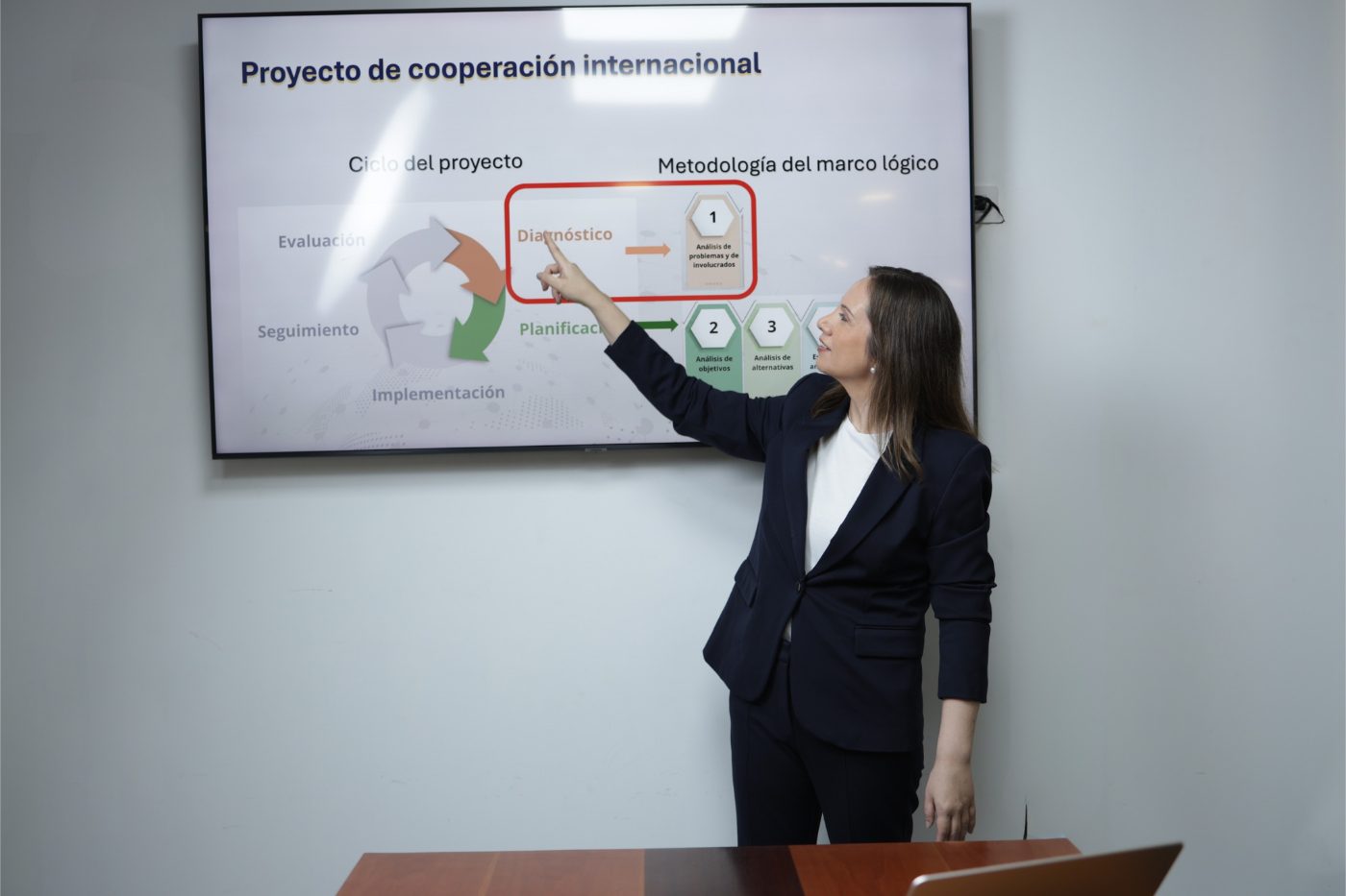 Johana Lúcar señalando el diagnóstico en el ciclo del proyecto de cooperación internacional